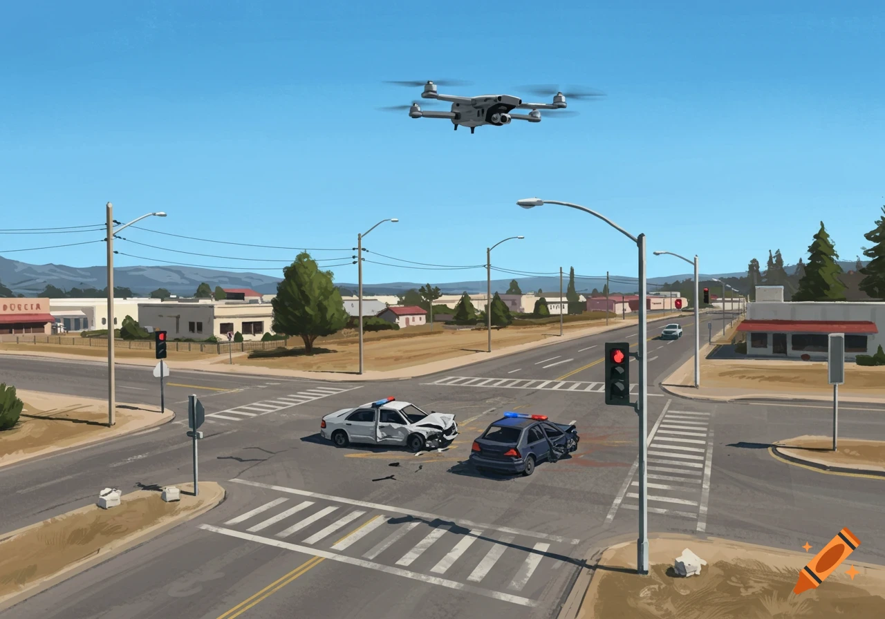 An aerial drone hovers over a minor car accident at a deserted intersection in a small town, illustrated in a clean style.
