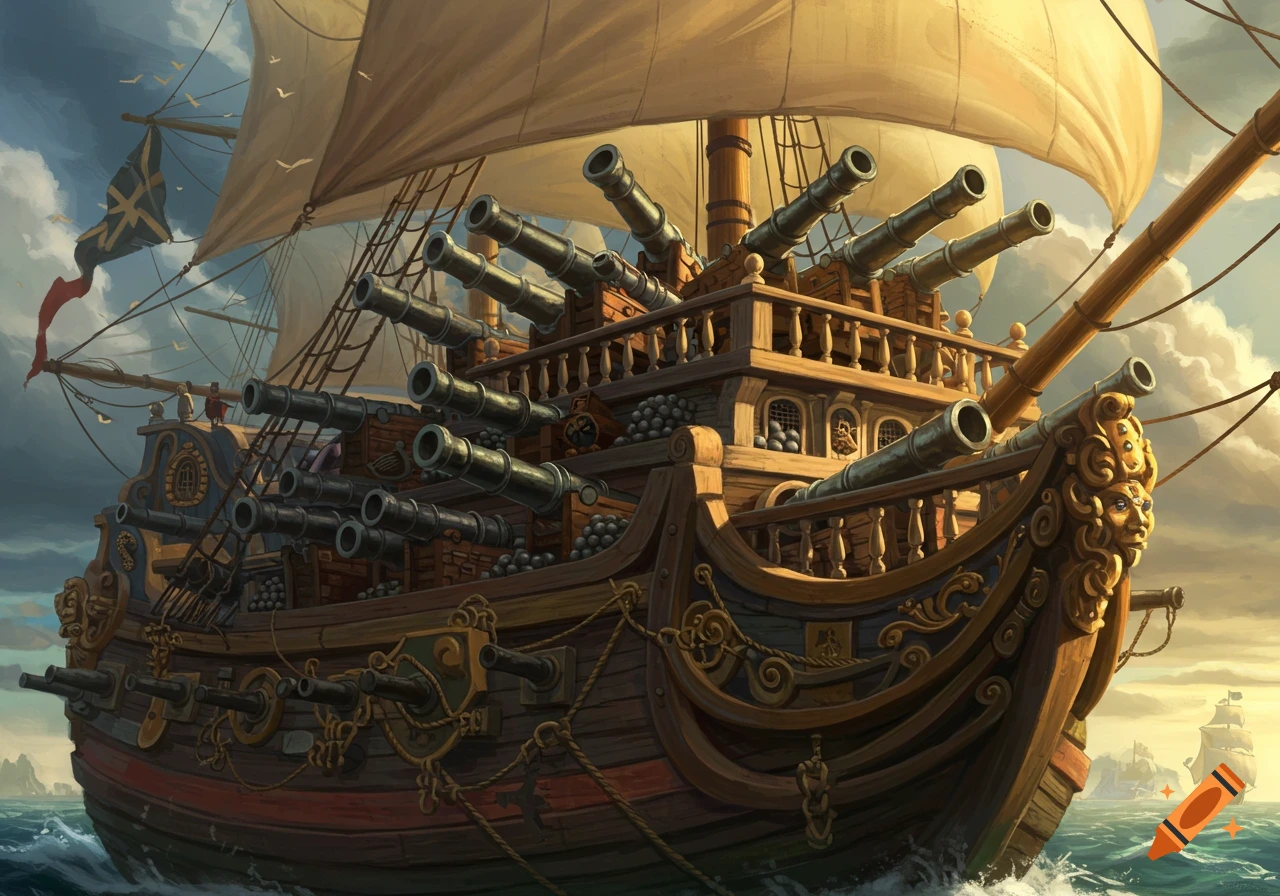 A heavily armed sailing ship with numerous cannons on multiple decks sails through choppy waters under a cloudy sky.