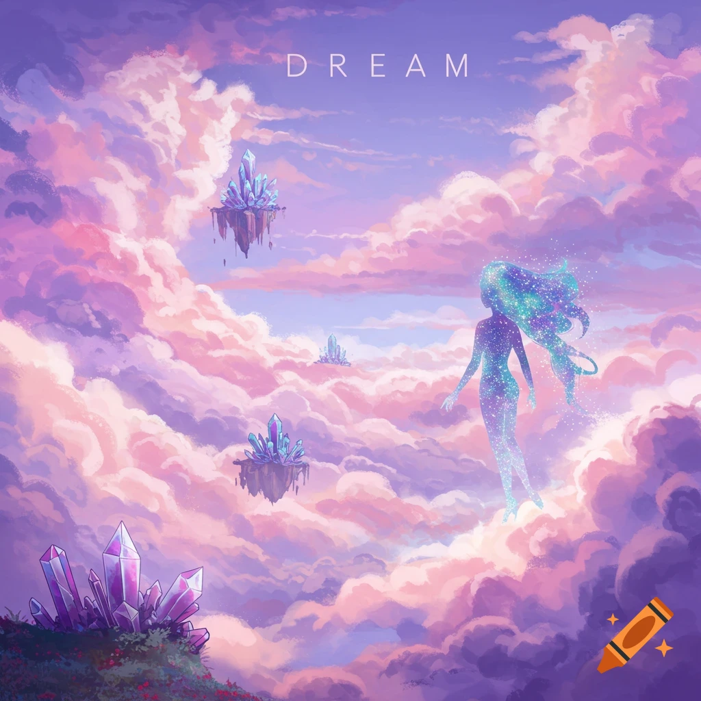 A mystical ethereal figure floats in a sky filled with pink and purple clouds and floating islands topped with glowing blue and purple crystals.