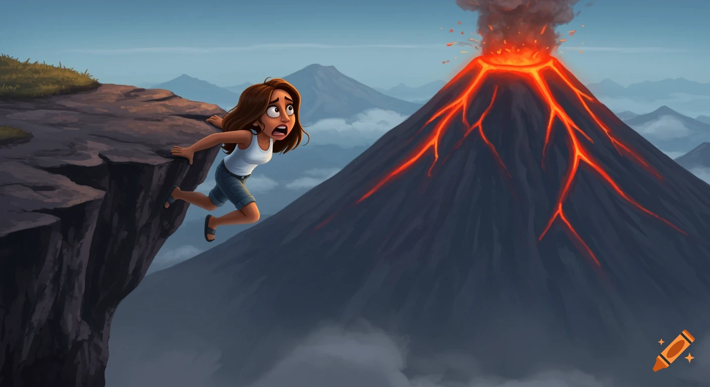 A cartoon woman with a terrified expression clings to the edge of a cliff, overlooking a large erupting volcano with glowing lava streams.