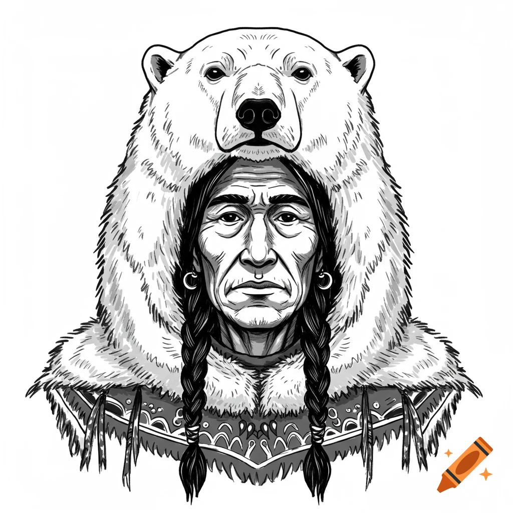 A stoic Native American man wearing a polar bear head as a hood in a black and white vector illustration.
