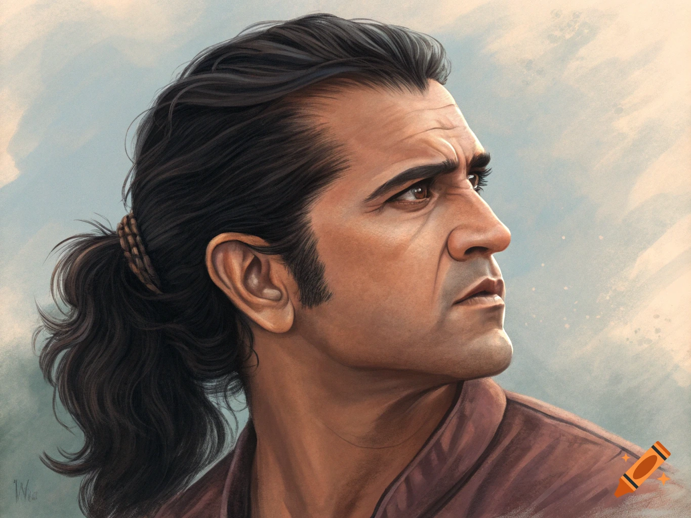 Side profile digital painting of a man with dark hair tied in a ponytail, looking right with a serious expression.