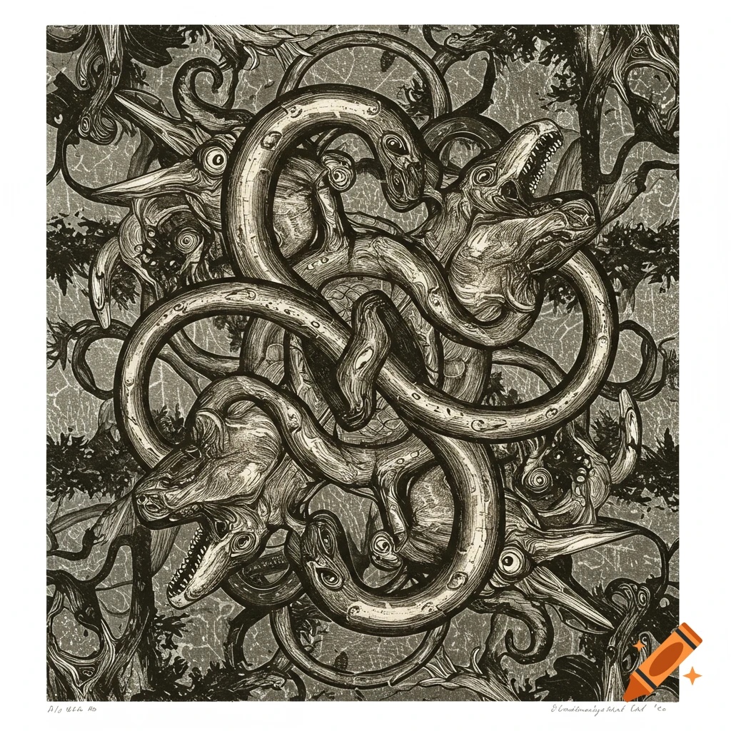 Black and white woodcut illustration of intertwining reptilian creatures and tree branches in an Escher-like style.