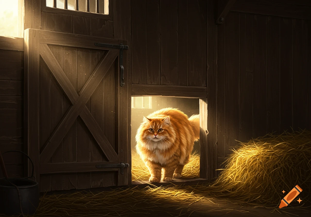 A fluffy orange cat stands in the open doorway of a dimly lit barn, with sunlight streaming in behind it.