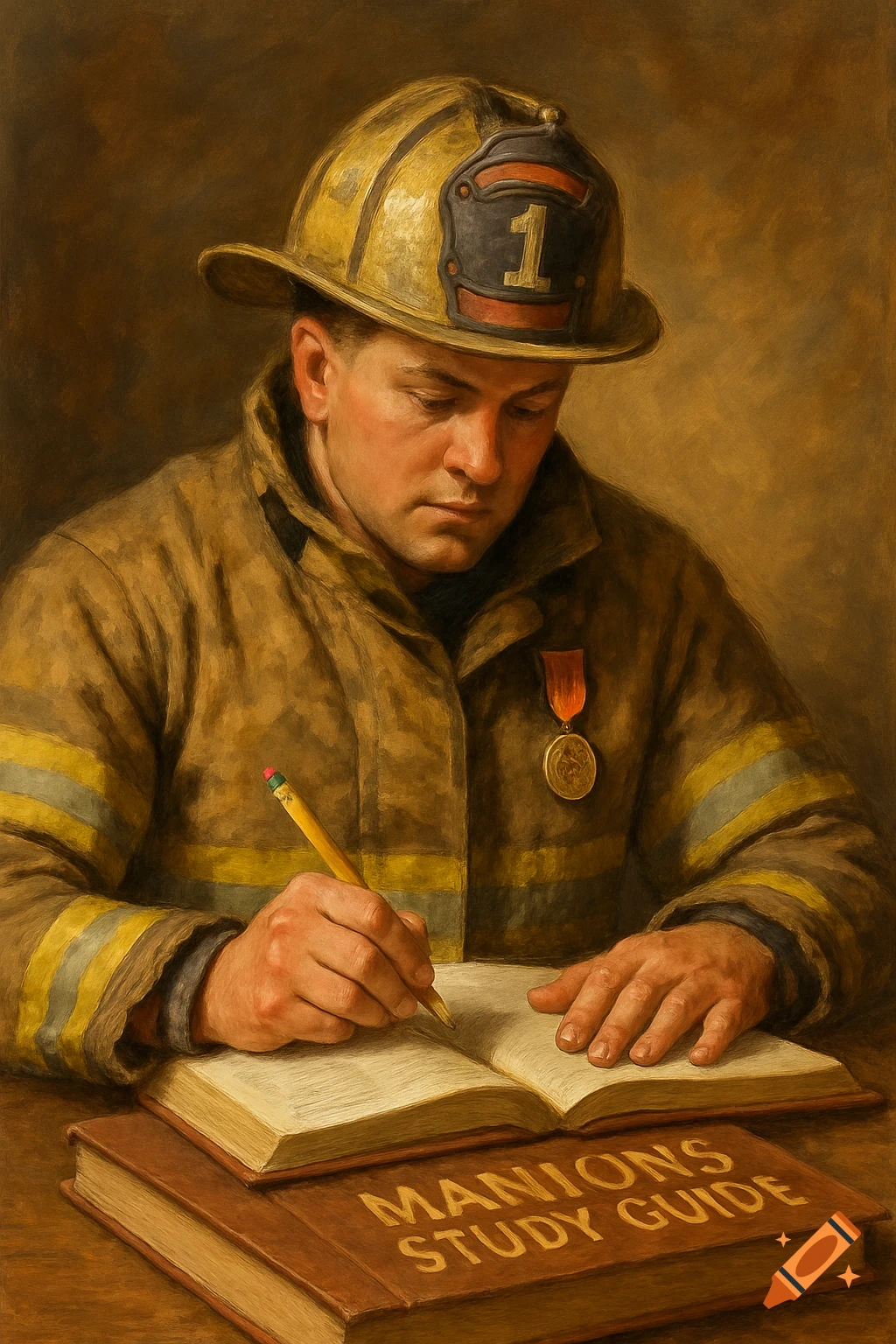 A painting of a firefighter in uniform writing in an open book, with a 'MANIONS STUDY GUIDE' book beneath it.