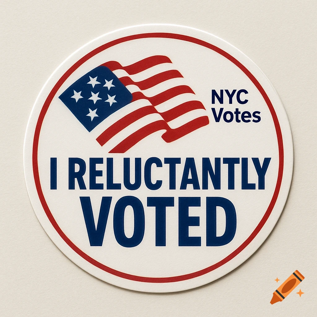 A circular 'I Voted' sticker featuring an American flag and the text 'NYC Votes I RELUCTANTLY VOTED'.