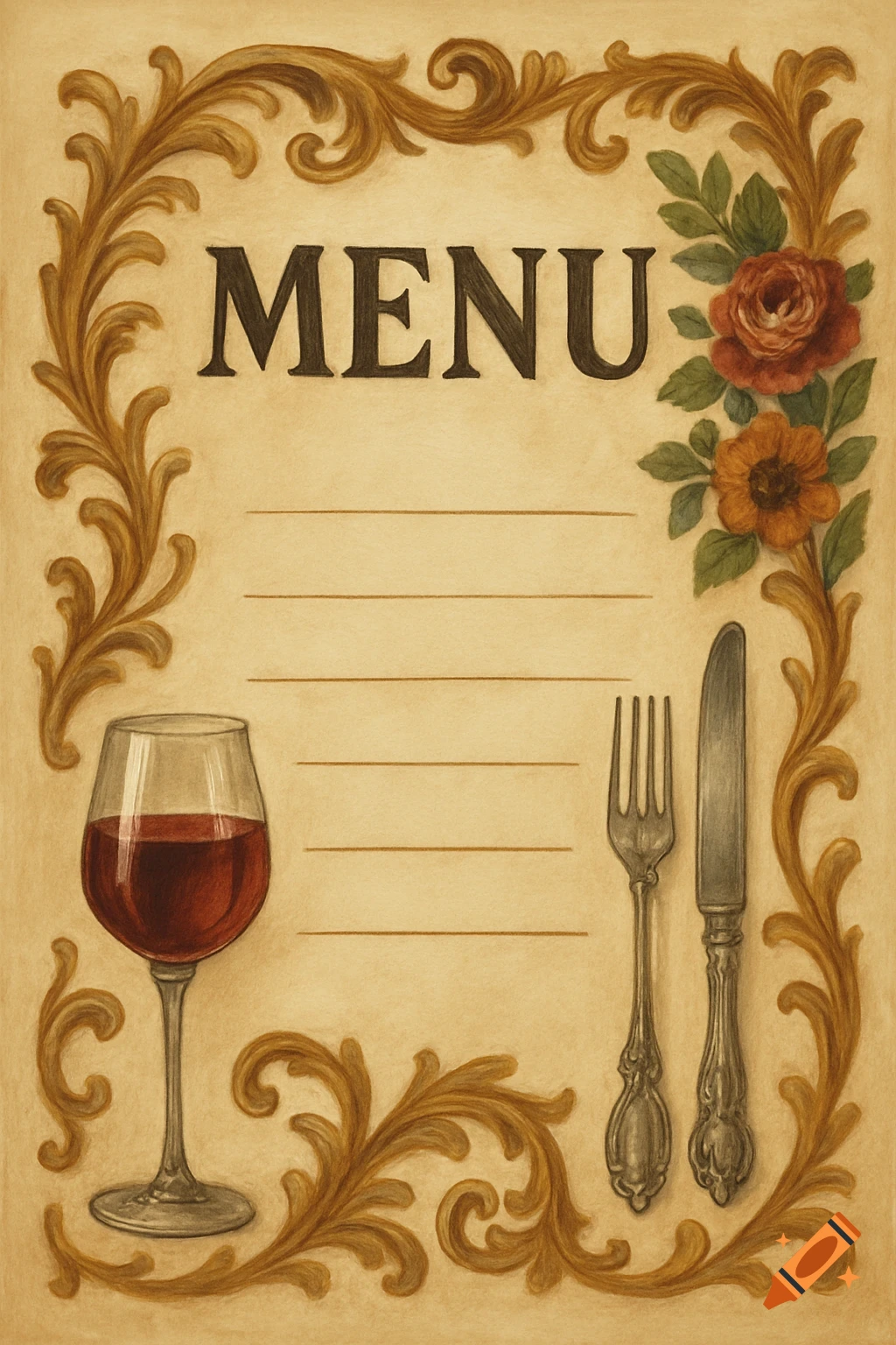 An ornate vintage menu cover with a gold scrolled border, featuring the word "MENU" at the top, lines for text, a wine glass, and a fork and knife, against a cream background.