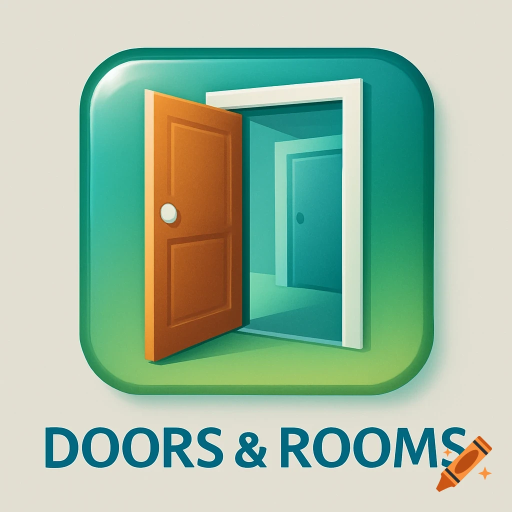 A stylized app logo featuring an open orange door leading into a hallway with more doors, all within a teal rounded square. Text below reads "DOORS & ROOMS".