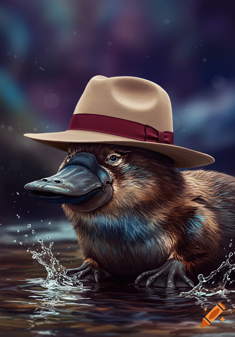 An illustrated platypus wearing a tan fedora with a red band stands in water.