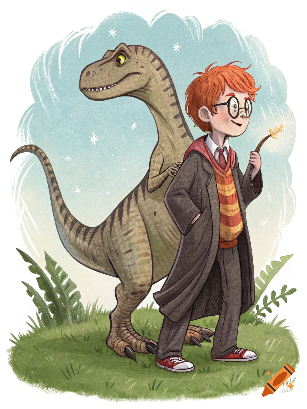 A cartoon boy with red hair and glasses in a wizard robe stands next to a raptor dinosaur on a grassy hill.