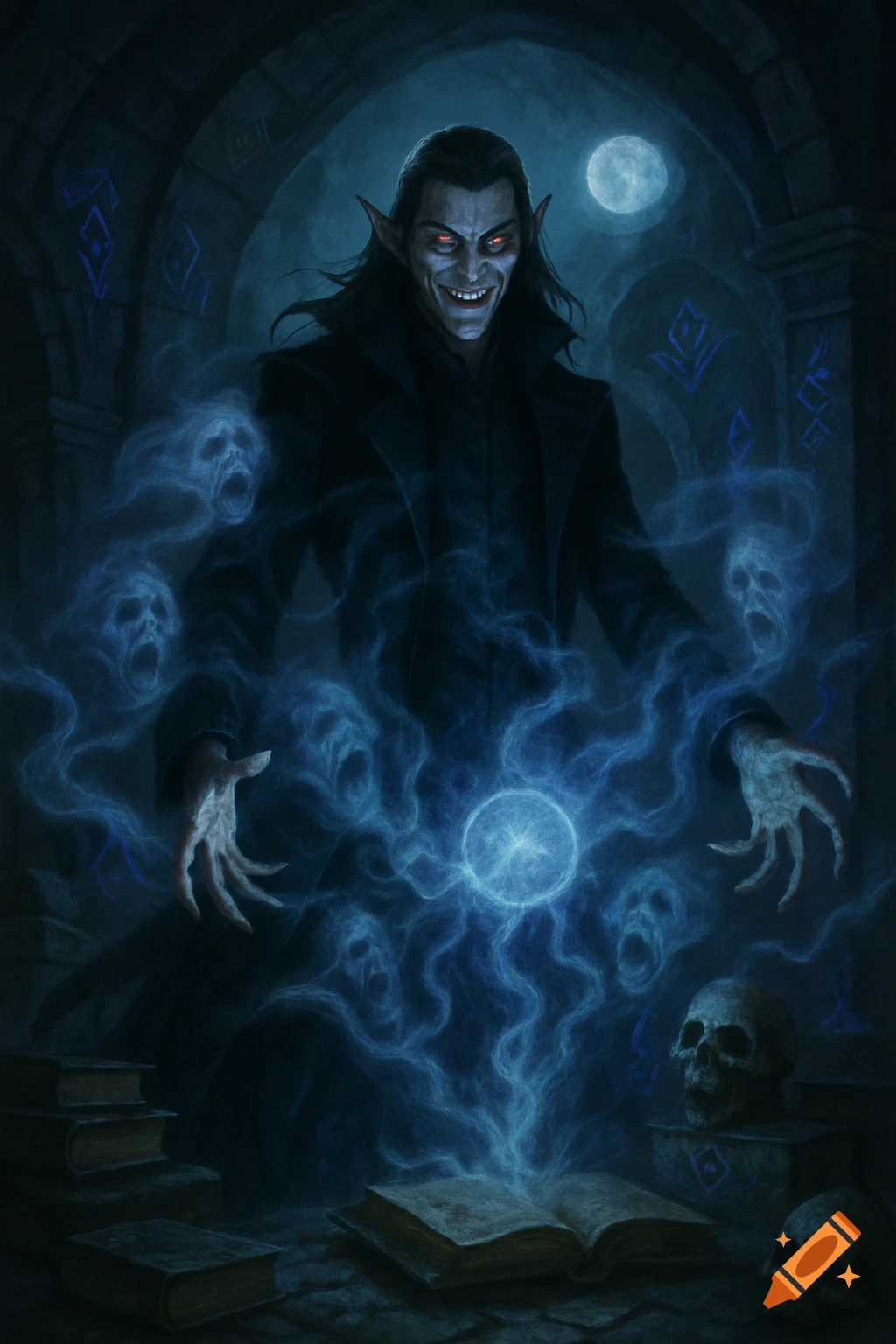A grinning vampire with glowing red eyes and long dark hair conjures a ...