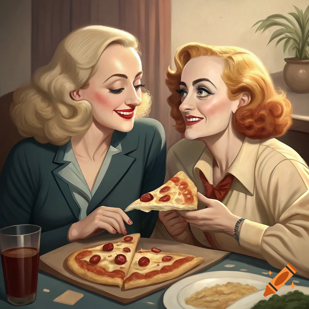 Two women with retro hairstyles and makeup, smiling and sharing a pizza at a table.