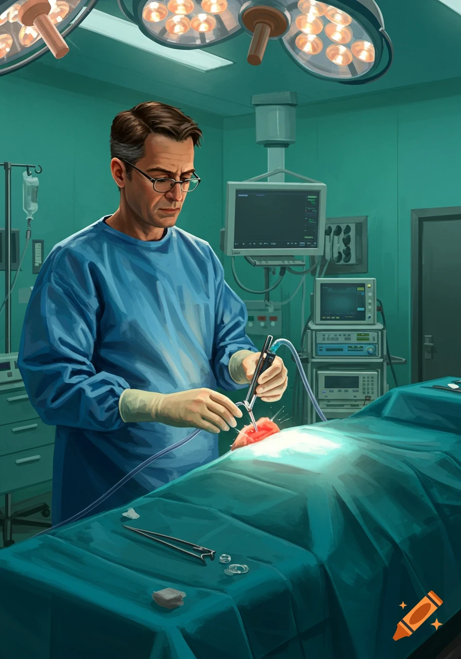 A male surgeon in blue scrubs and glasses performs a medical procedure over a patient in a brightly lit operating room, an illustration.