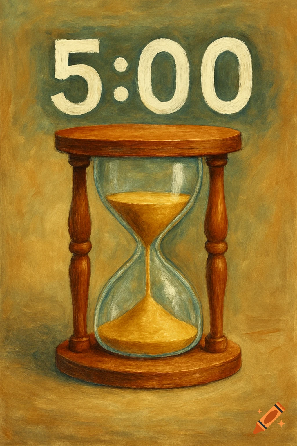 A painting of a wooden hourglass with yellow sand, showing '5:00' at the top.