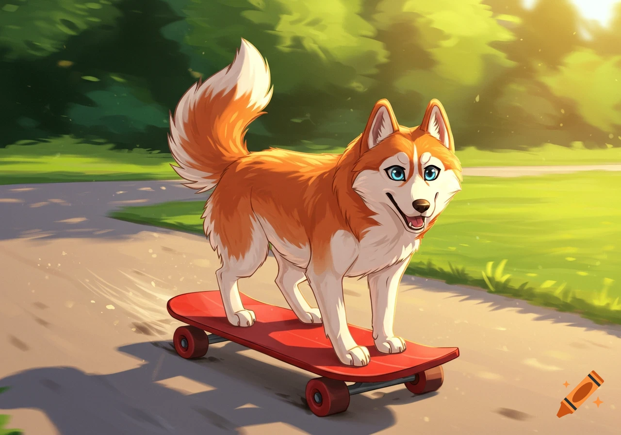 A cartoon orange husky with blue eyes happily riding a red skateboard on a paved path in a sunny park.