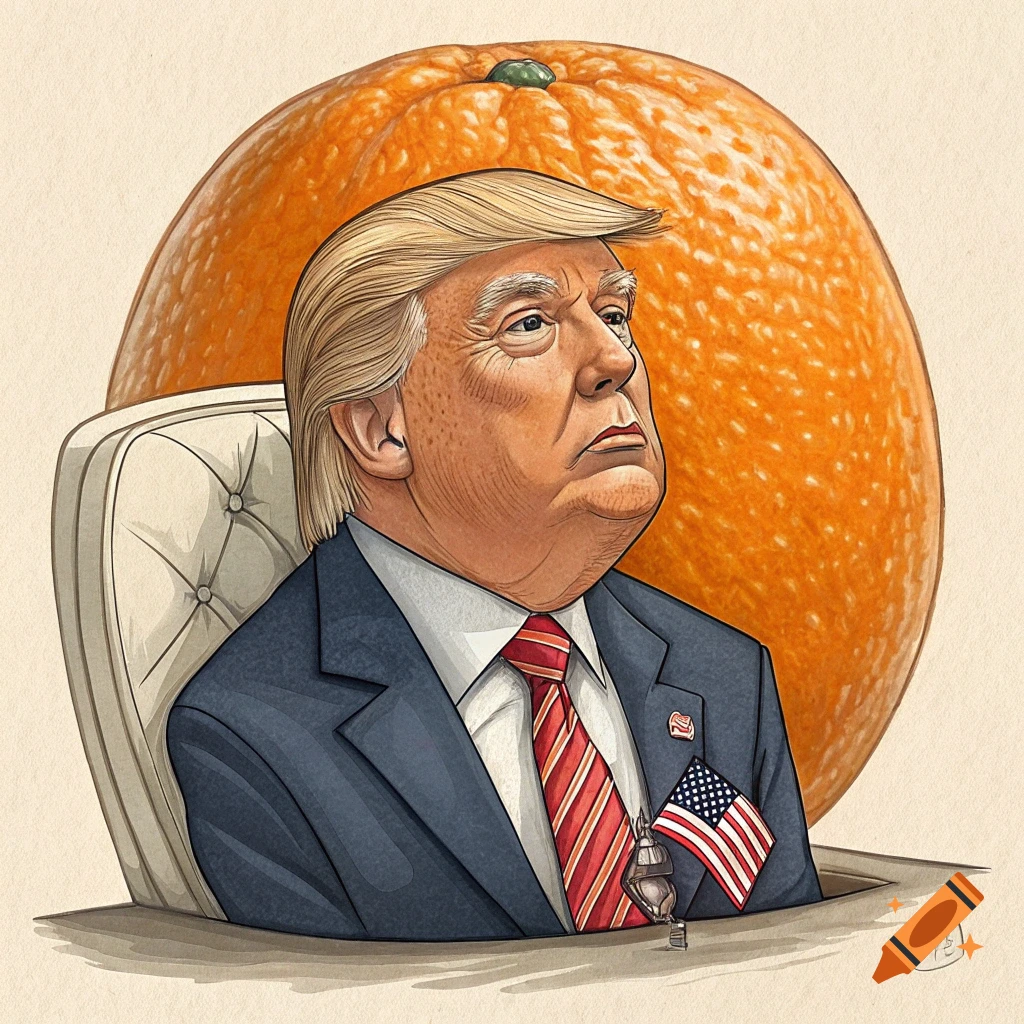 Caricature of Donald Trump with an orange complexion sitting in a chair, with a giant orange behind his head, in an illustrative style.