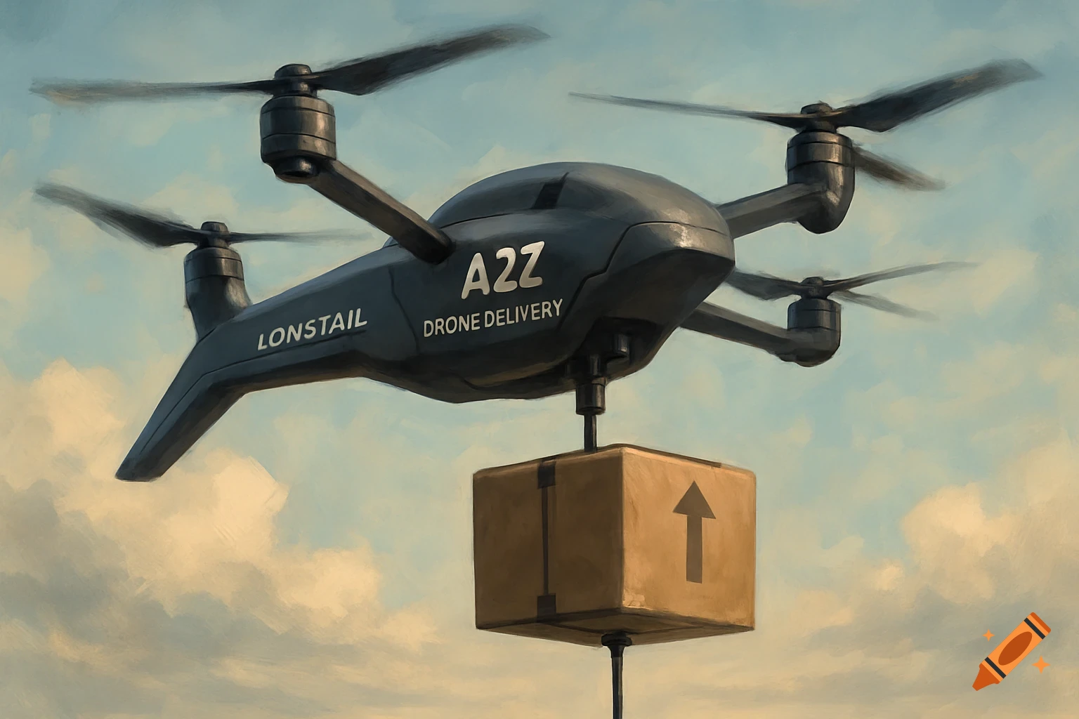 A dark gray drone with four propellers, labeled "A2Z DRONE DELIVERY" and "LONSTAIL", flies in a cloudy sky, carrying a brown delivery box with an upward arrow.