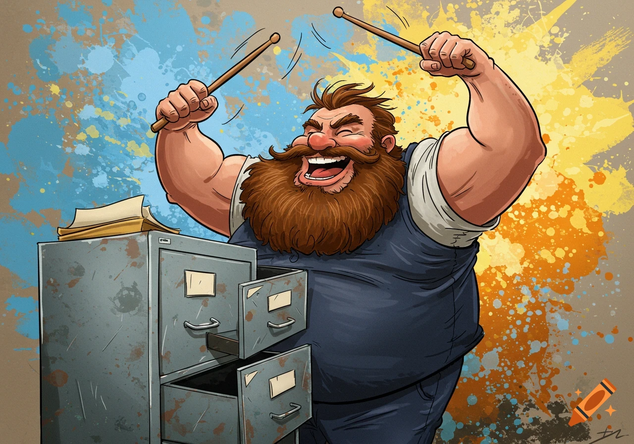 Cartoon man with a large beard enthusiastically drums on a metal filing cabinet amidst colorful paint splatters.
