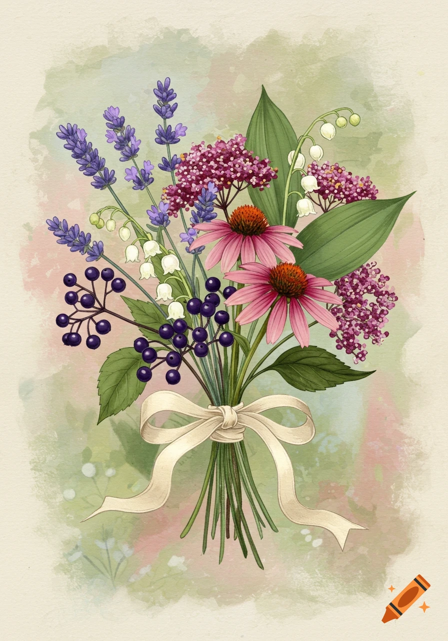 A vibrant watercolor illustration of a bouquet featuring lavender, lily of the valley, echinacea, and dark berries, tied with a cream ribbon against a soft, mottled background.