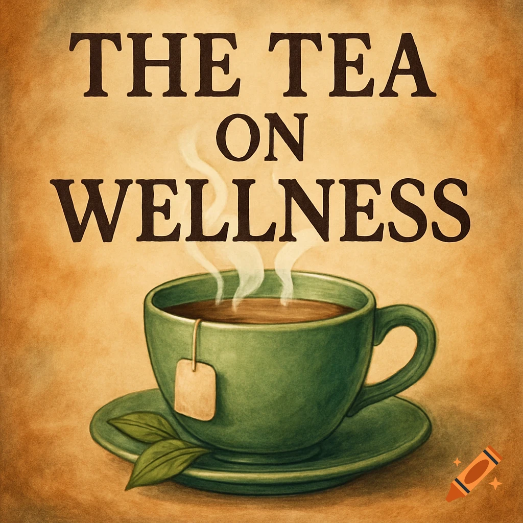 Illustration of a steaming green teacup with a tea bag tag on a saucer, with the text 'THE TEA ON WELLNESS' above on a brown background.