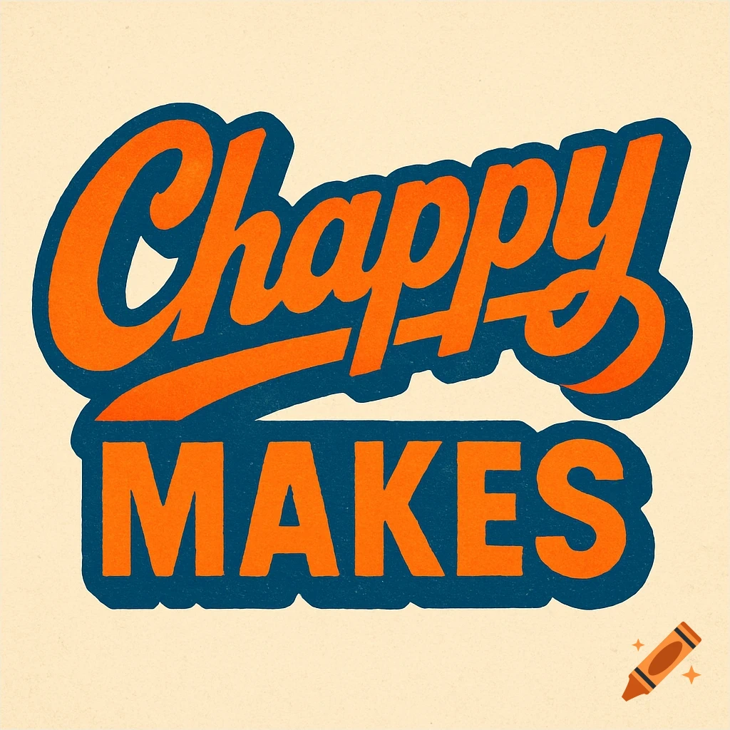 A retro-style logo with orange text "Chappy Makes" outlined in dark blue, set against a light background.