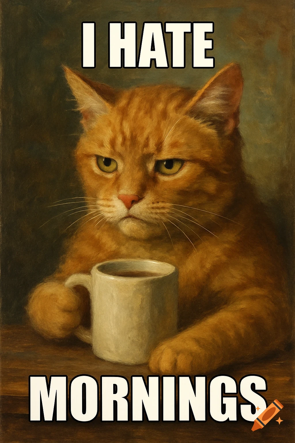 Grumpy orange cat in a painting holds a mug, with text 'I HATE MORNINGS'.