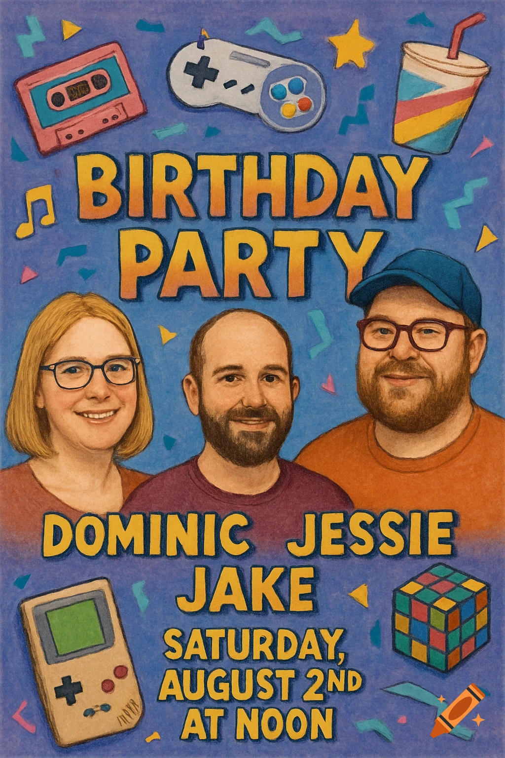A colorful 90s-style birthday party poster featuring three smiling people, retro gaming items, and the party details.