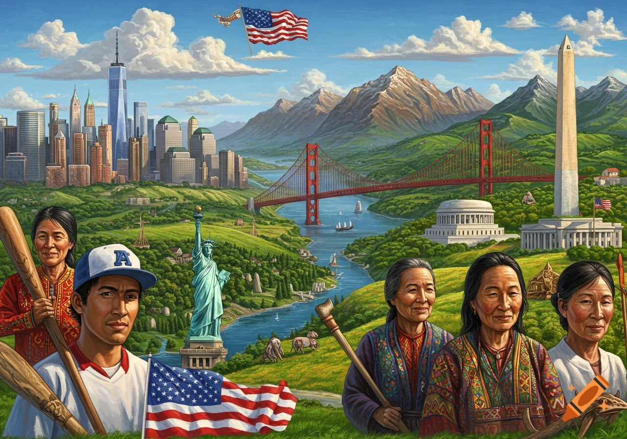 A vibrant illustration depicting diverse people and iconic American landmarks like the NYC skyline, Statue of Liberty, Golden Gate Bridge, and Washington Monument.