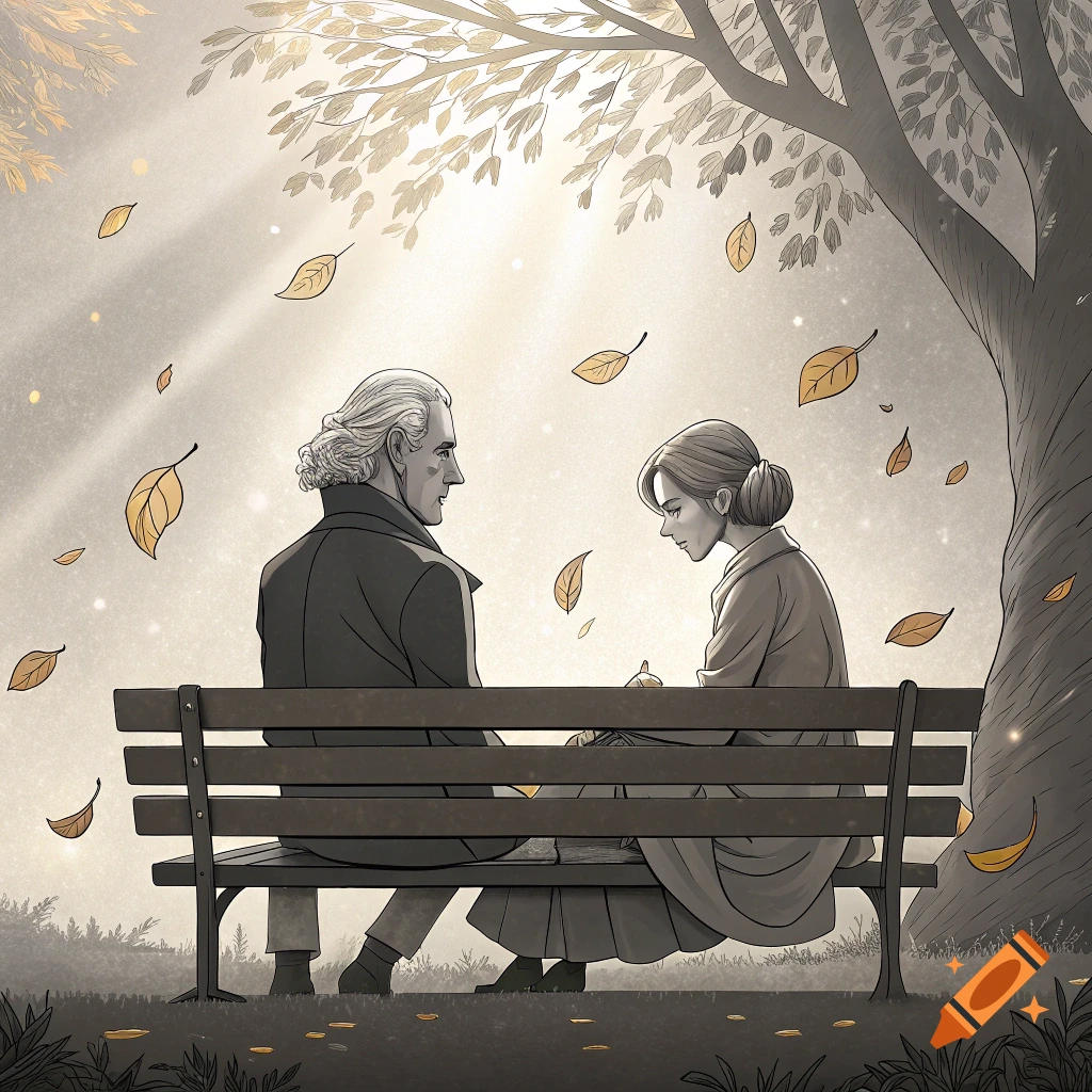 Stylized illustration of a man and woman sitting on a park bench under a tree with falling golden leaves, illuminated by soft light.