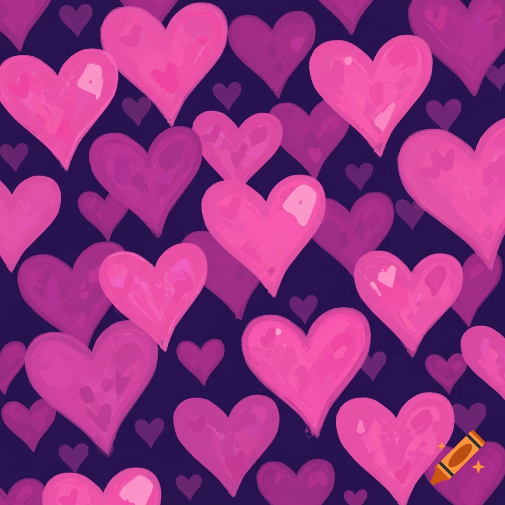 Seamless pattern of pink watercolor hearts on a dark purple background.