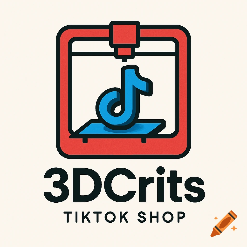 A stylized red 3D printer frames a blue 3D-printed TikTok music note. Below, black text reads "3DCrits" and "TIKTOK SHOP".
