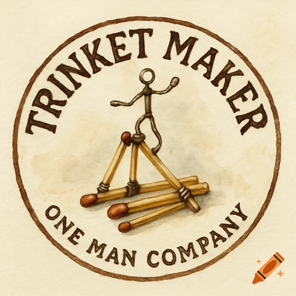 A watercolor-style logo featuring a wire stick figure balancing on matchsticks within a circular frame, with 'TRINKET MAKER' and 'ONE MAN COMPANY' text.