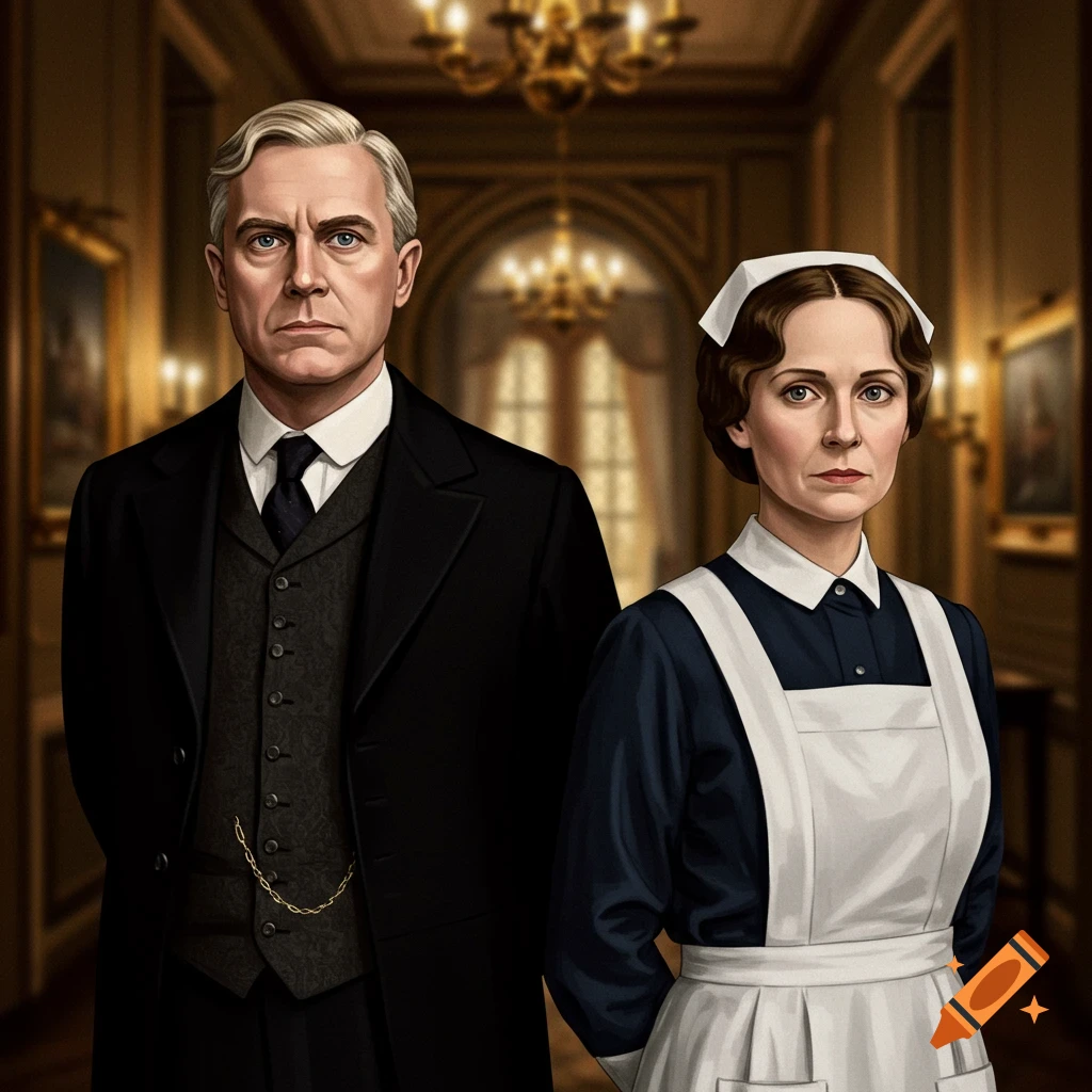 Illustration of a man in a black suit and a woman in a navy dress with a white apron standing in a luxurious hallway.