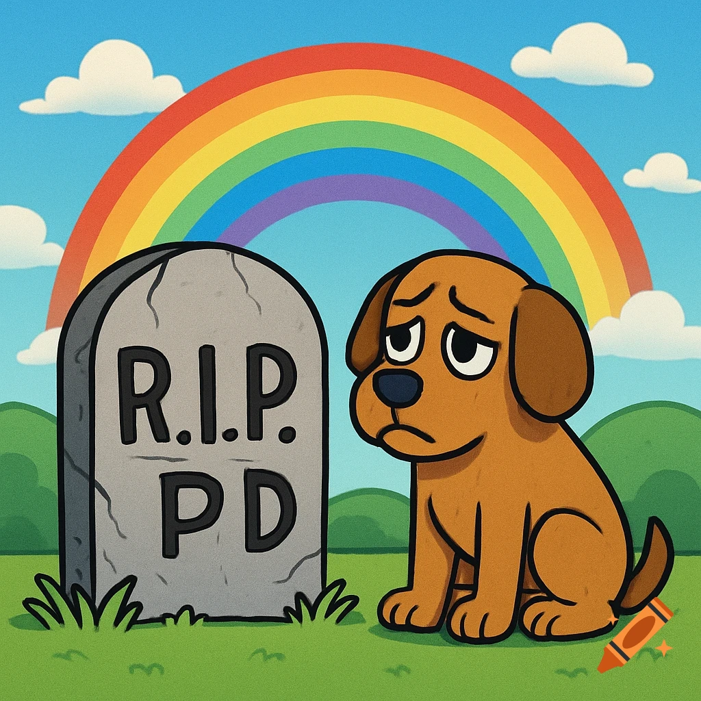 A sad cartoon dog sits next to a gravestone that reads "R.I.P. PD" under a rainbow and blue sky.