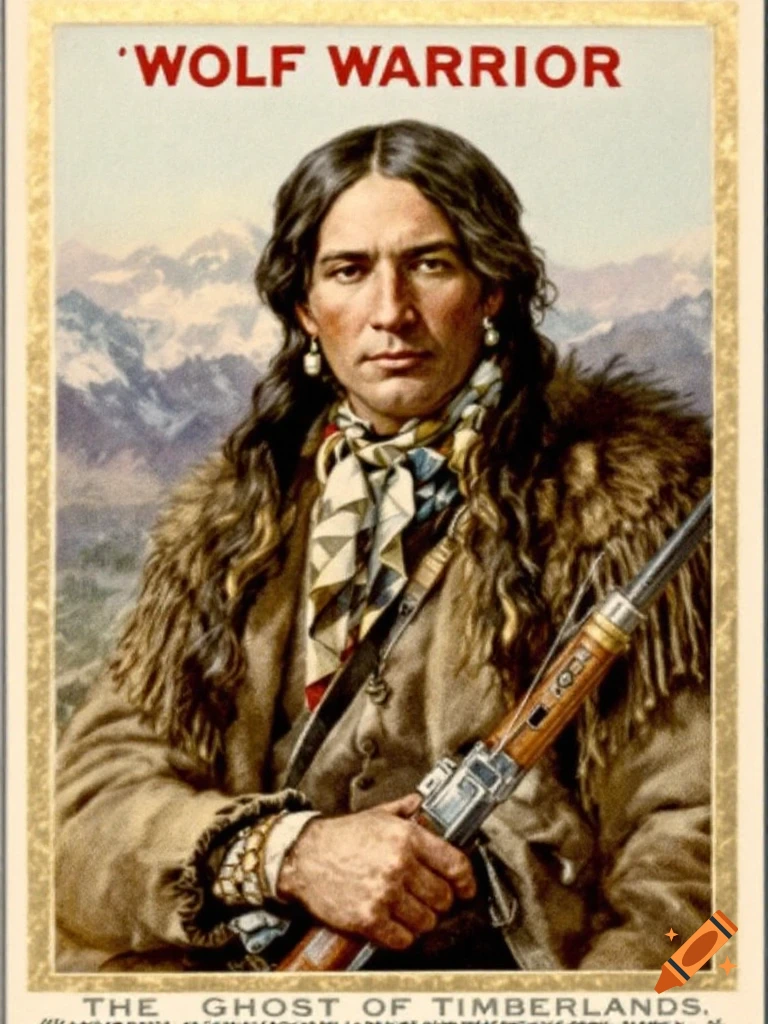 A vintage illustration of a man with long dark hair, wearing a fur-collared coat, holding a rifle, with snowy mountains in the background. Text at the top reads "WOLF WARRIOR."