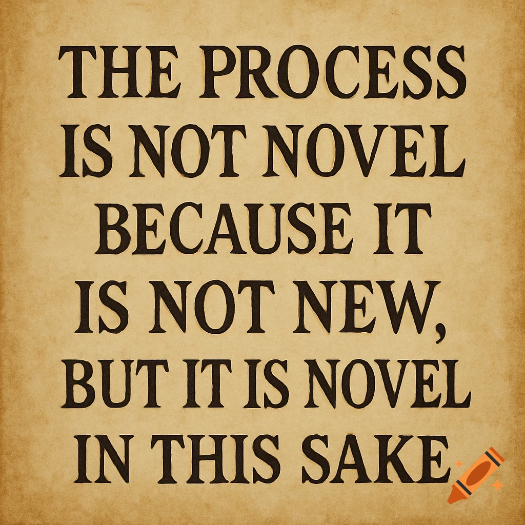 A quote 'The process is not novel because it is not new, but it is novel in this sake' in black text on a textured brown background.