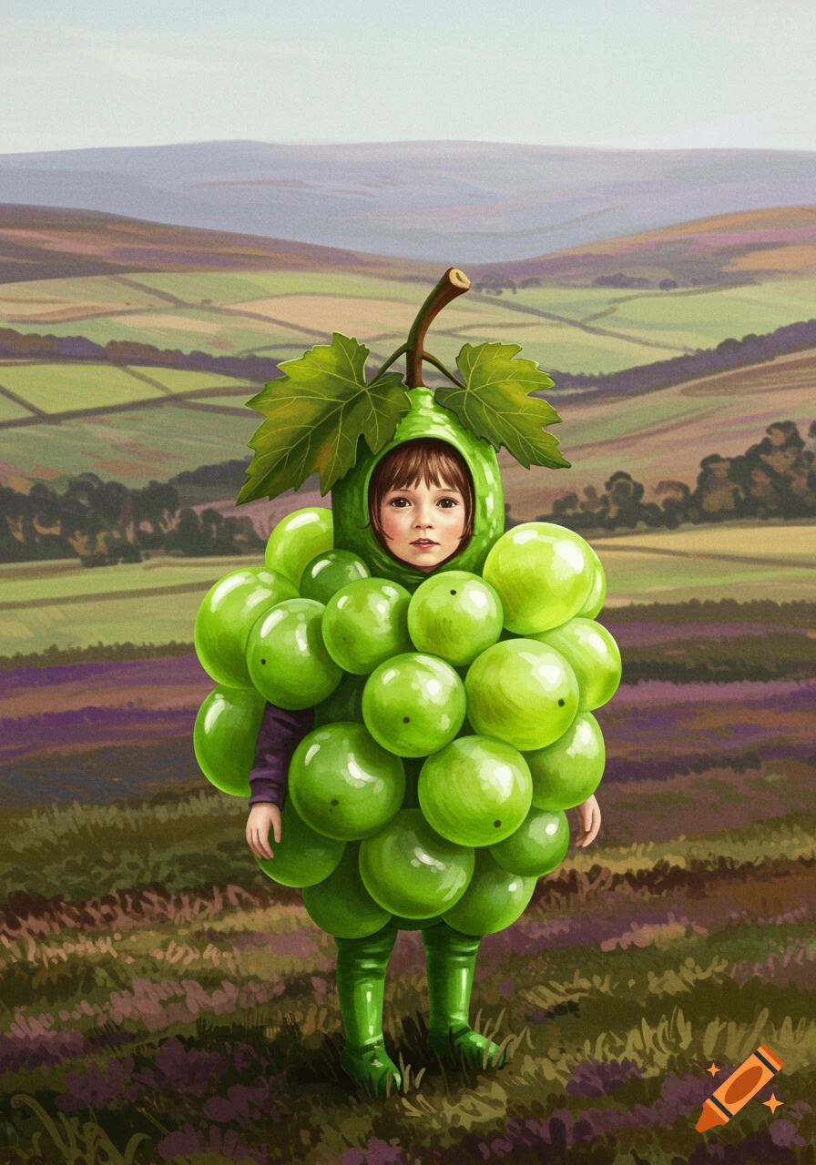 A child dressed in a bright green grape costume stands in a field with rolling hills in the background. The image has a painterly style.
