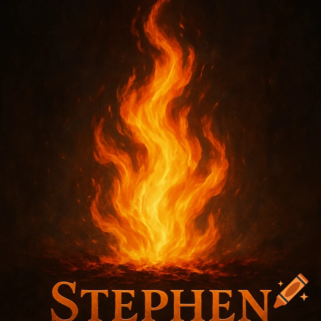 A large, bright orange and yellow flame rising from a dark surface with the name 'Stephen' in gold text below it.