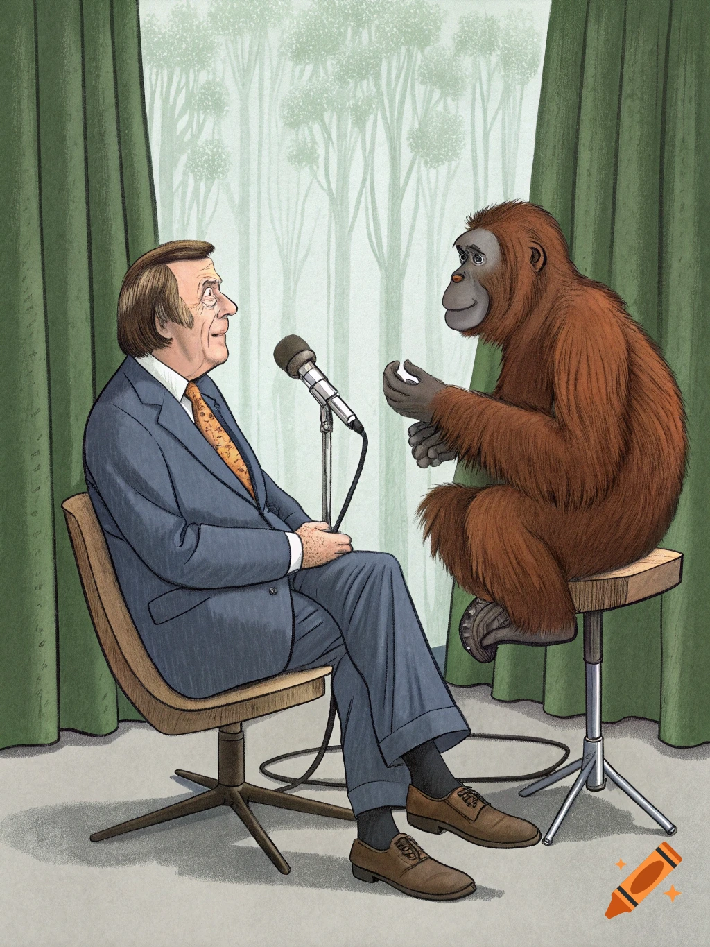 Illustration of a man in a suit interviewing an orangutan seated on a stool, with a microphone between them.