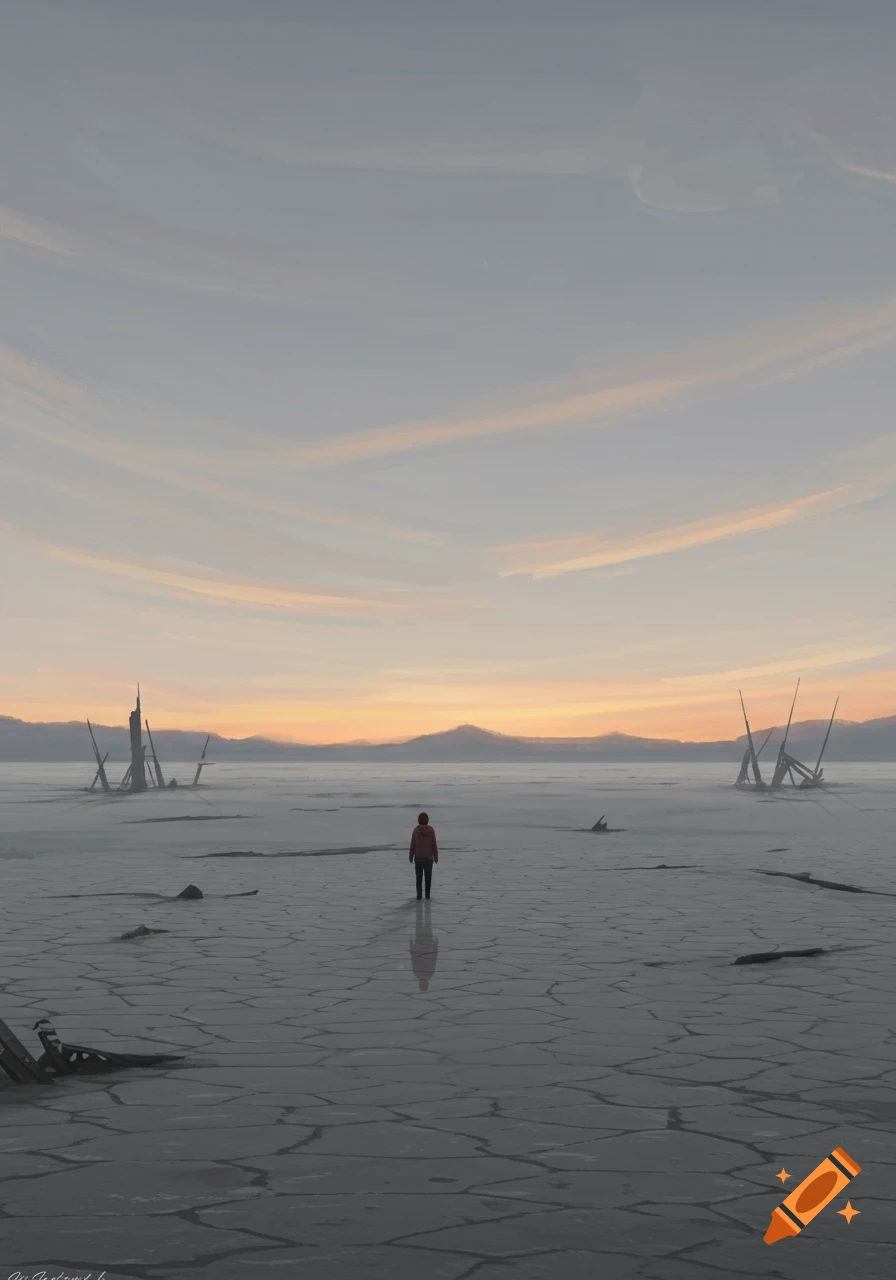 A lone figure stands on a cracked, desolate plain under a wide sunset sky with distant mountains and eerie structures.