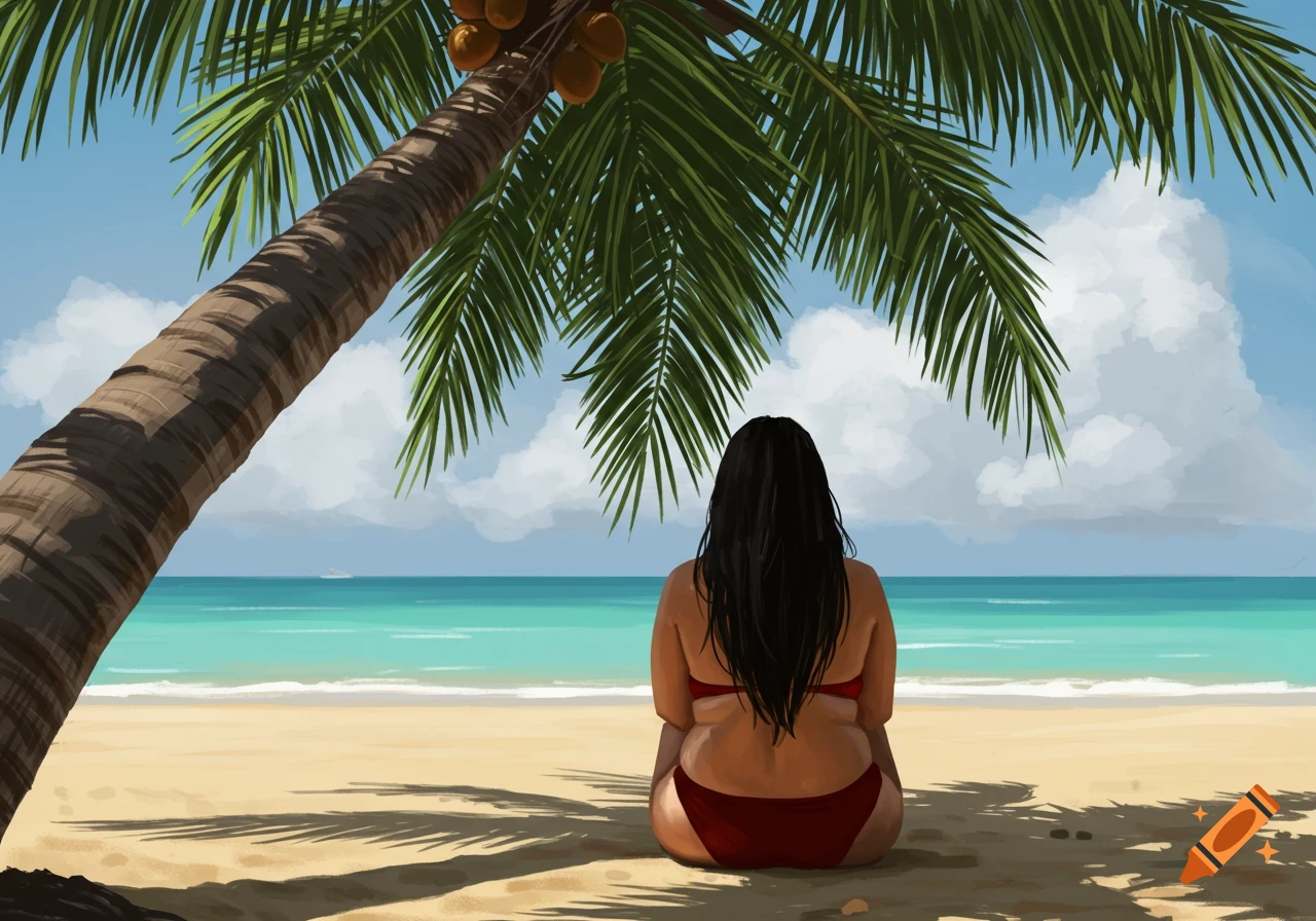A woman with long black hair sits under a coconut tree on a sandy beach, facing the clear blue ocean.