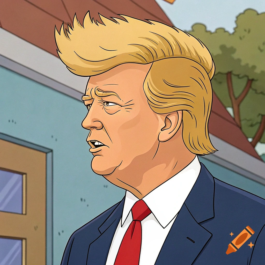 Cartoon profile of Donald Trump with blonde hair and a red tie, looking left.