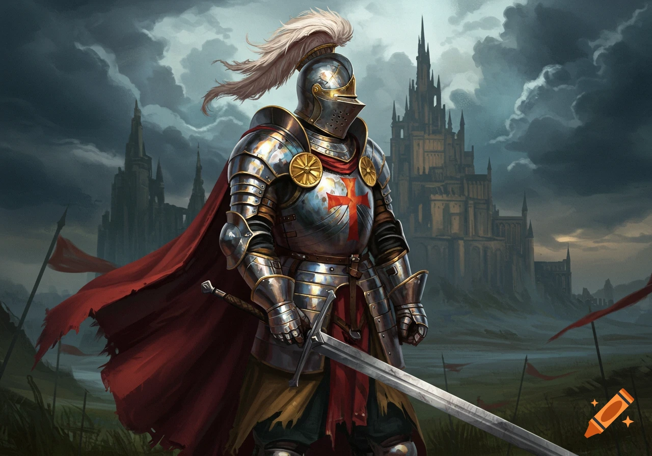 A knight in shining full plate armor with a red cross, holding a sword in a stormy field with a dark castle behind him.