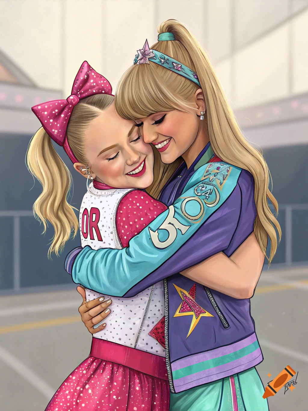 Cartoon illustration of Jojo Siwa hugging Taylor Swift. Jojo wears a pink bow and white vest, while Taylor wears a purple and teal jacket.