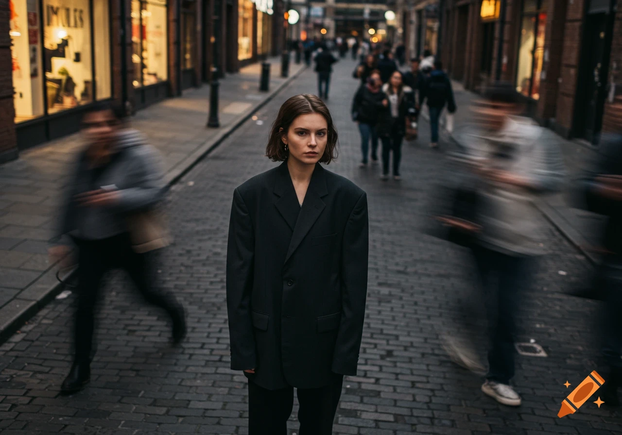 A woman in a dark oversized blazer stands still on a brick city sidewalk while a motion-blurred crowd rushes past.