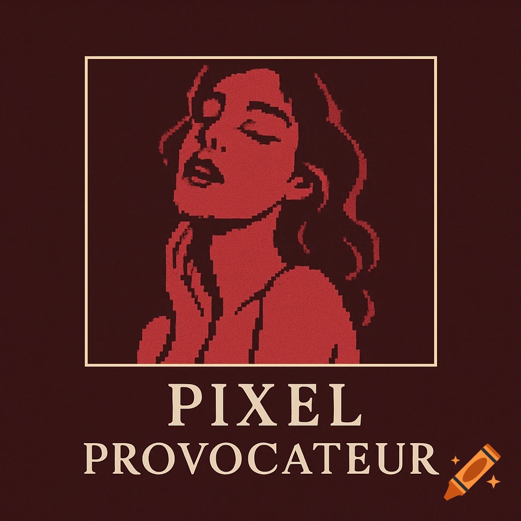 Pixel art logo of a sensual woman's portrait in red, with text 'PIXEL PROVOCATEUR' below.
