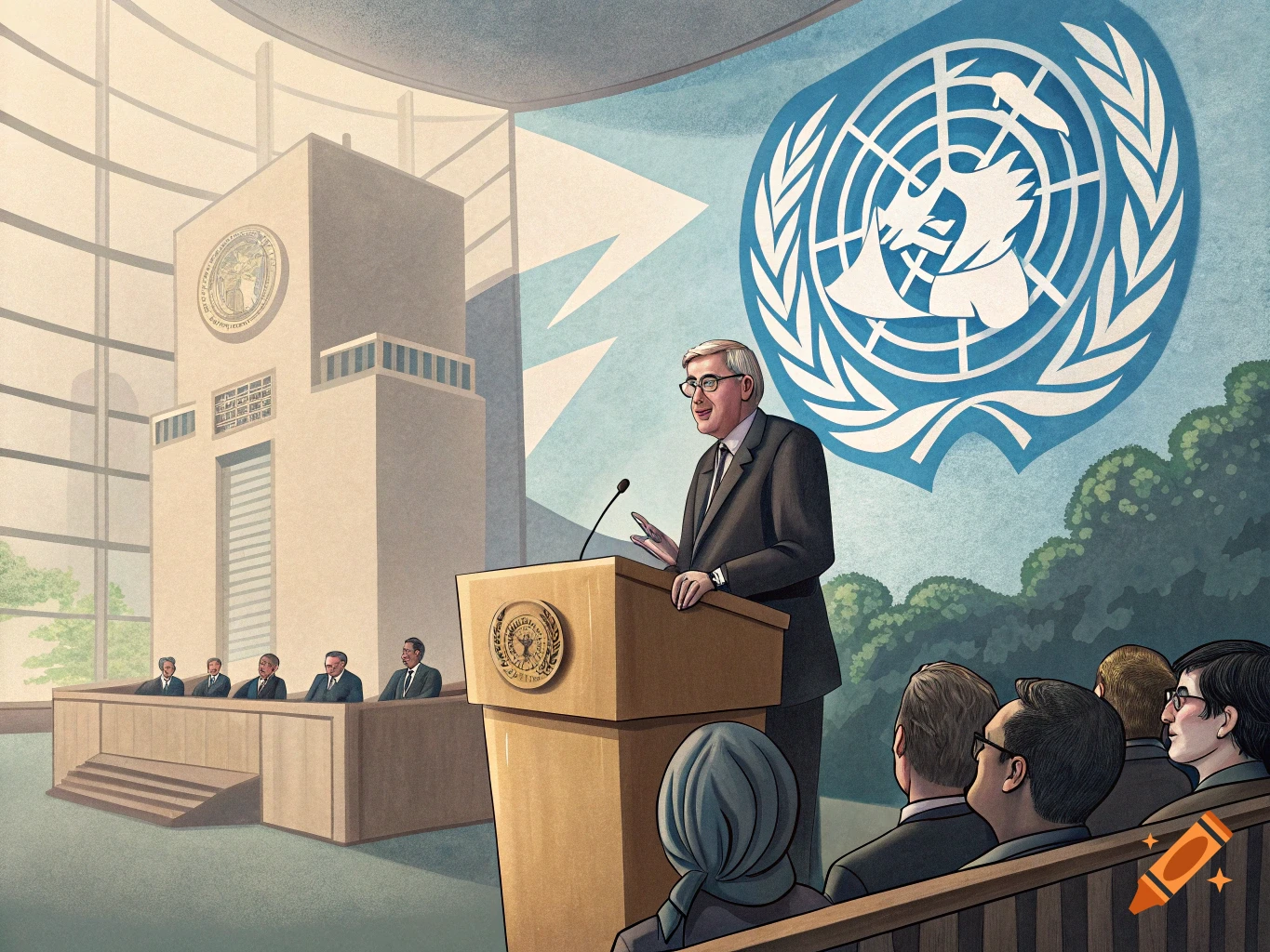 An illustration of a man speaking at a podium in a large hall with a UN logo backdrop, to an audience.