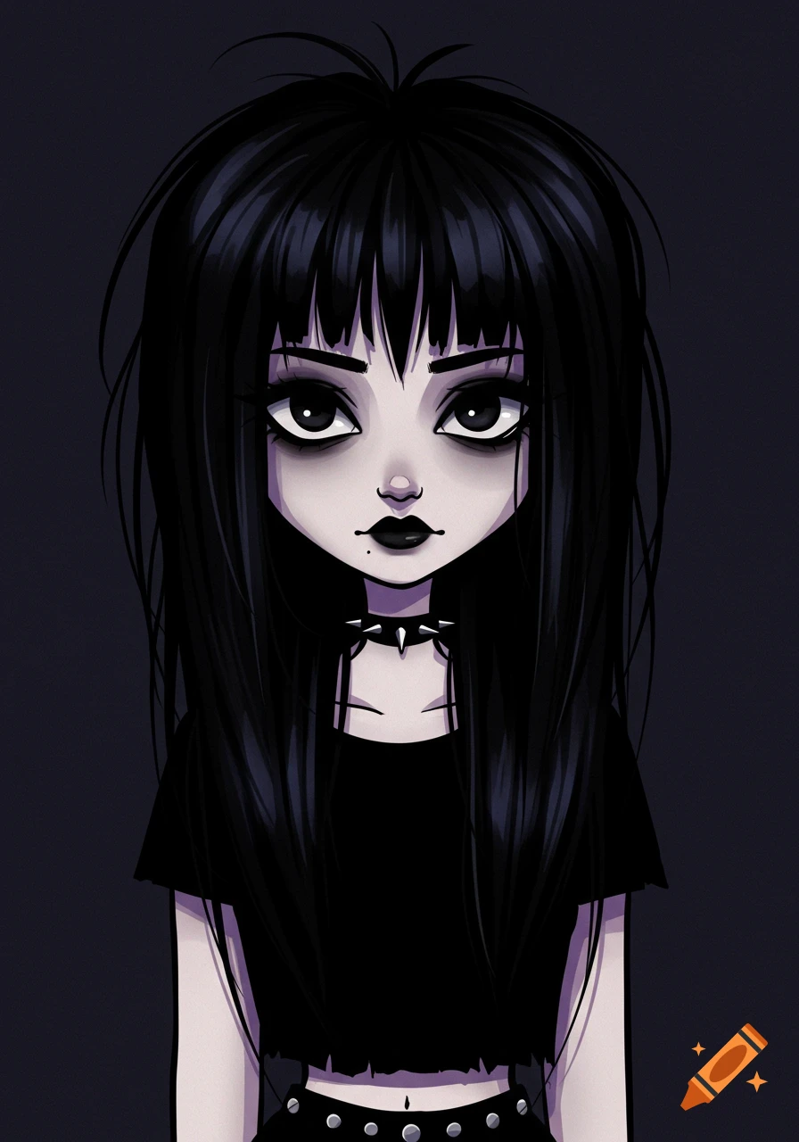 A cartoon-style portrait of an emo girl with long black hair, bangs, dark makeup, and a spiked choker.