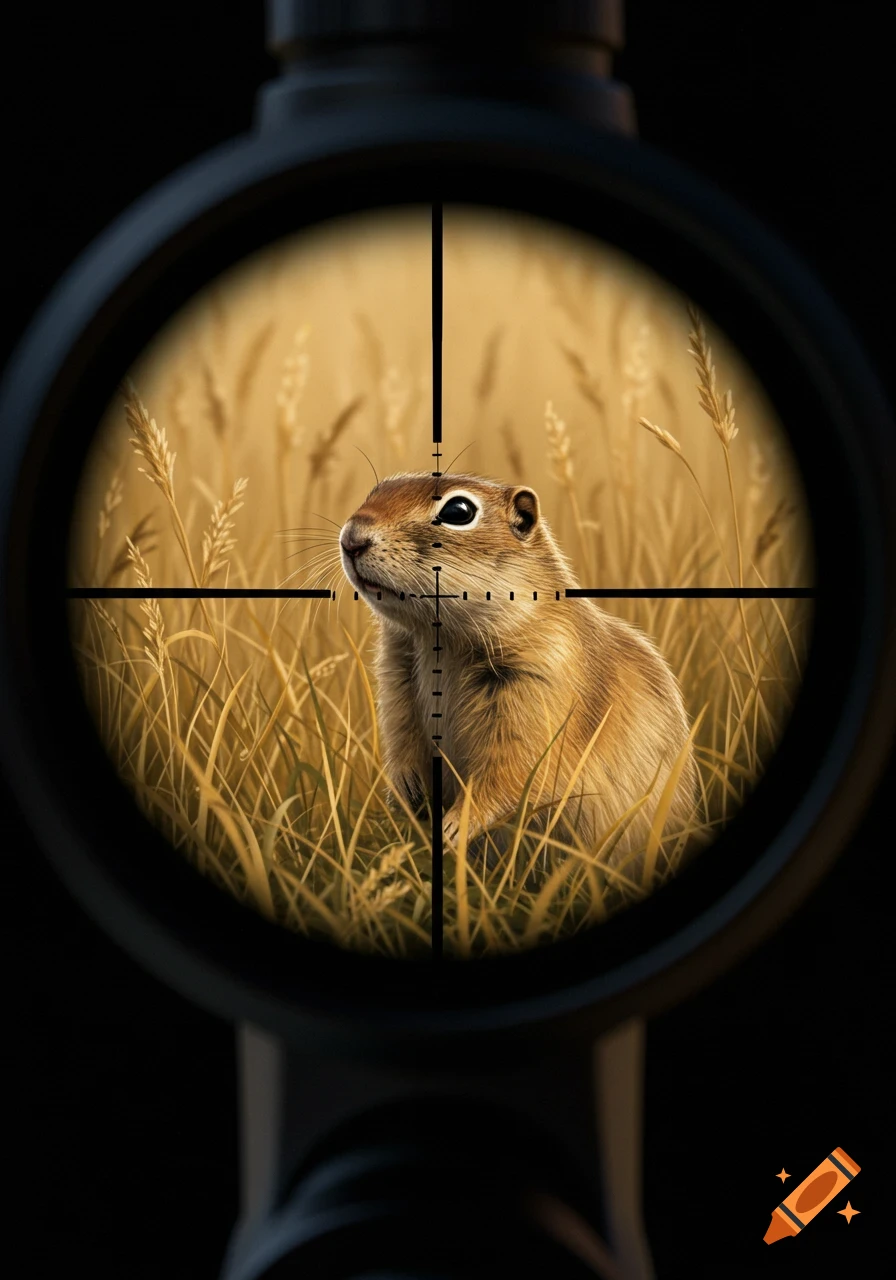 Photorealistic image of a gopher standing in a golden field, viewed through the crosshairs of a rifle scope.