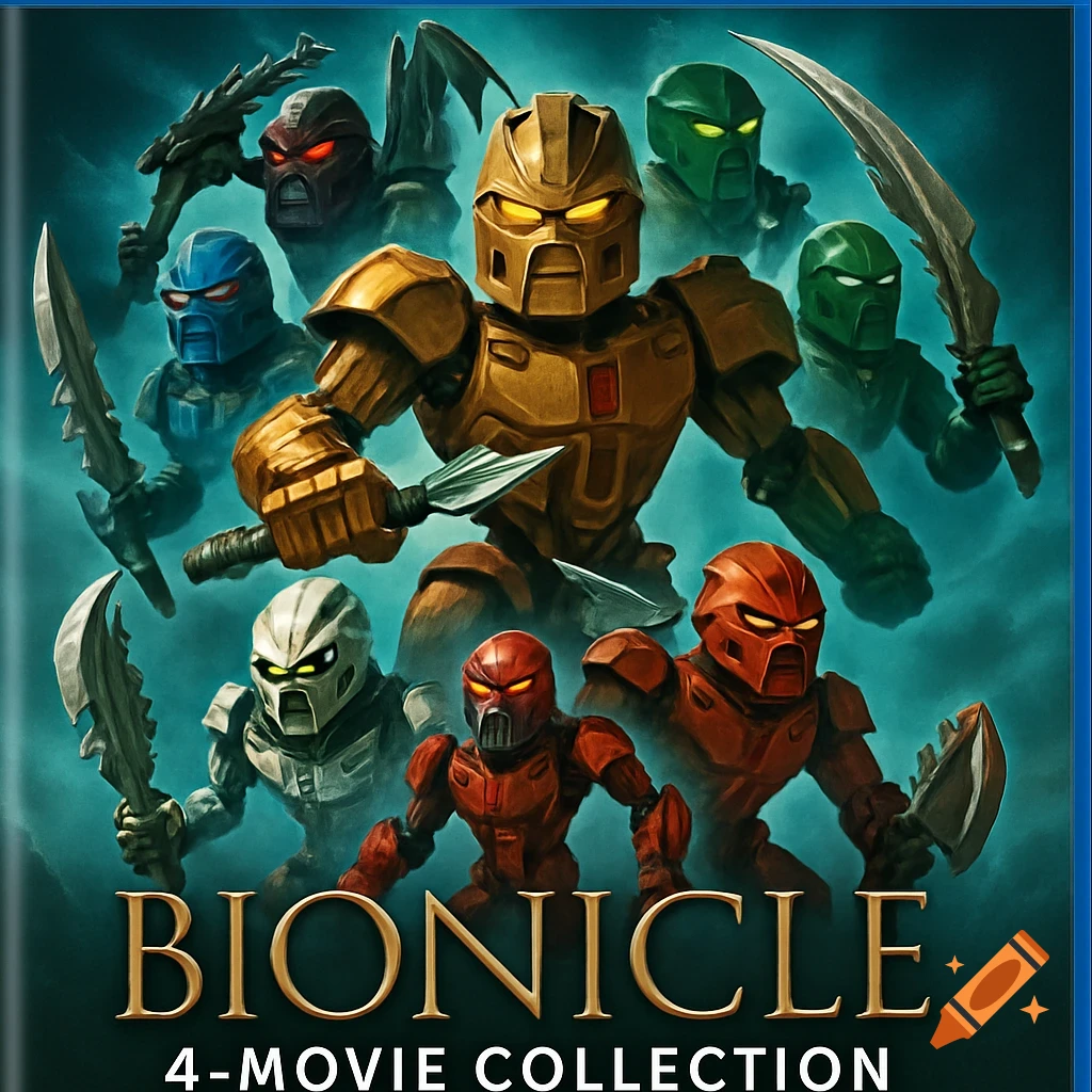 A group of Bionicle-style robots, including a large golden one, on a movie collection cover with 'BIONICLE' text.